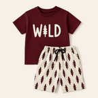 Boys maroon WILD t-shirt and printed shorts set – summer coord outfit – age 1 to 12 years