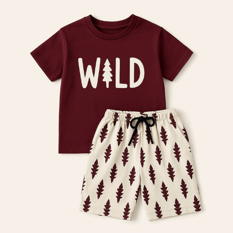 Boys maroon WILD t-shirt and printed shorts set – summer coord outfit – age 1 to 12 years
