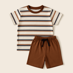 Boys striped cotton t-shirt and brown shorts summer set – two-piece outfit for ages 1 to 12 years
