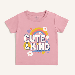 Girls pink cotton t-shirt with Cute & Kind rainbow graphic – ages 1 to 12 years – front view flat lay