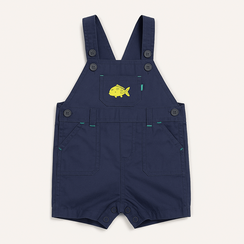 Navy blue cotton dungaree romper for baby boys with fish chest print – newborn to 12 months