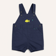Navy blue cotton dungaree romper for baby boys with fish chest print – newborn to 12 months