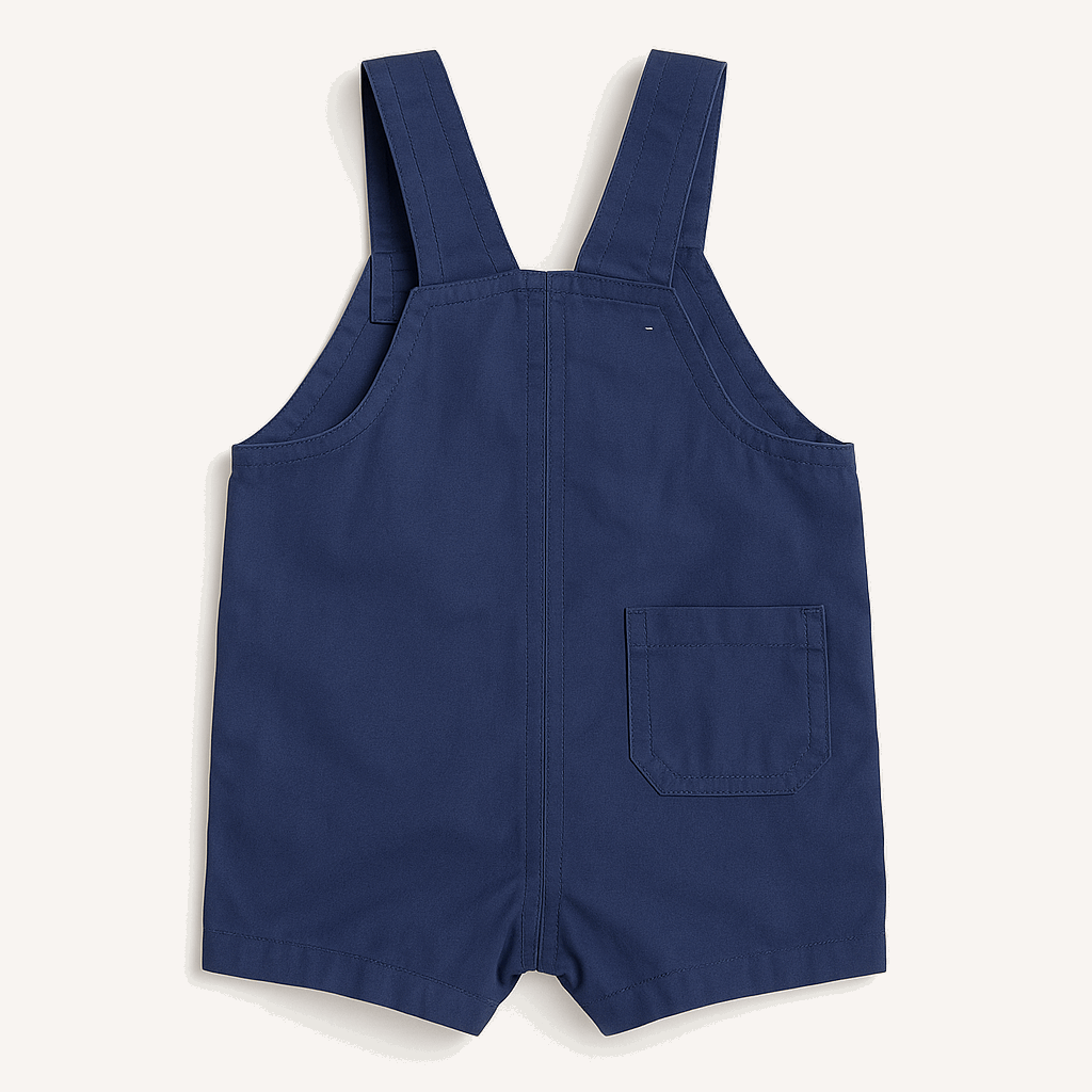 Navy blue cotton dungaree romper for baby boys with fish chest print – newborn to 12 months