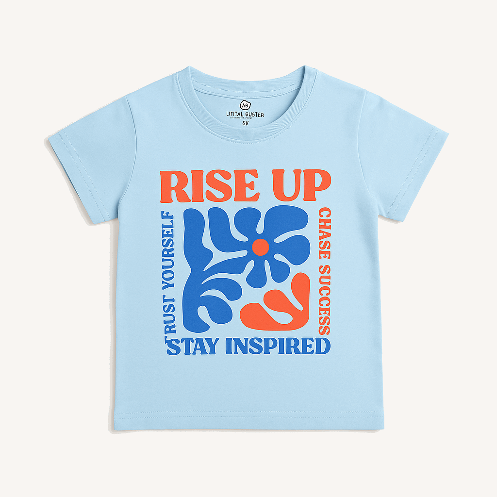 Sky blue graphic t-shirt for kids with Rise Up motivational print – ages 1 to 12 years – front flat lay
