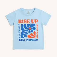 Sky blue graphic t-shirt for kids with Rise Up motivational print – ages 1 to 12 years – front flat lay