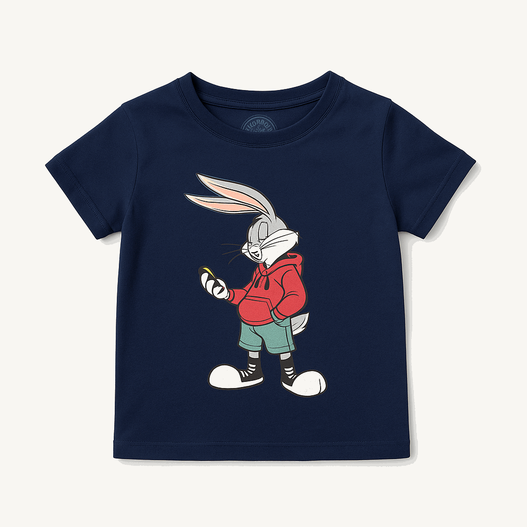 Boys Cartoon Two-Piece Summer Set – Navy Bunny Tee & Striped Shorts