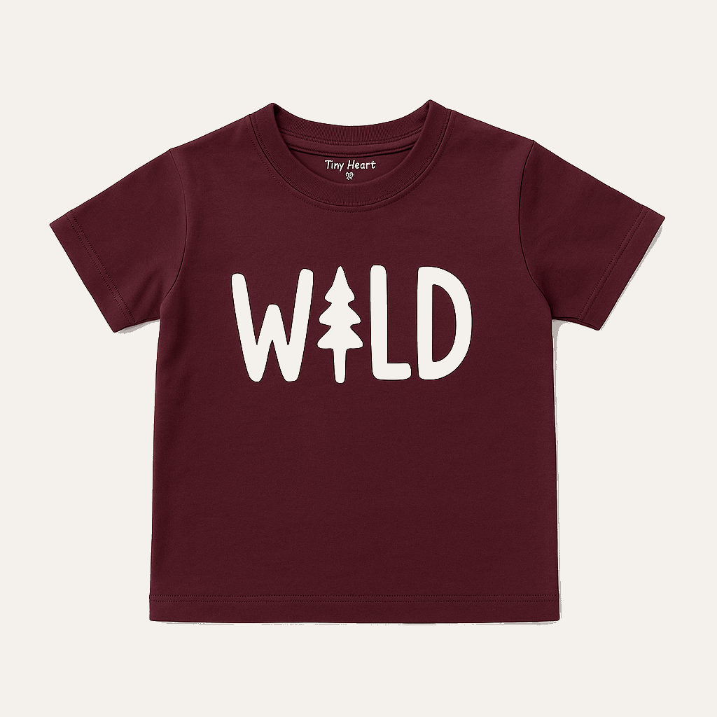 Boys “WILD” Graphic Two-Piece Summer Set – Maroon T-Shirt & Printed Shorts