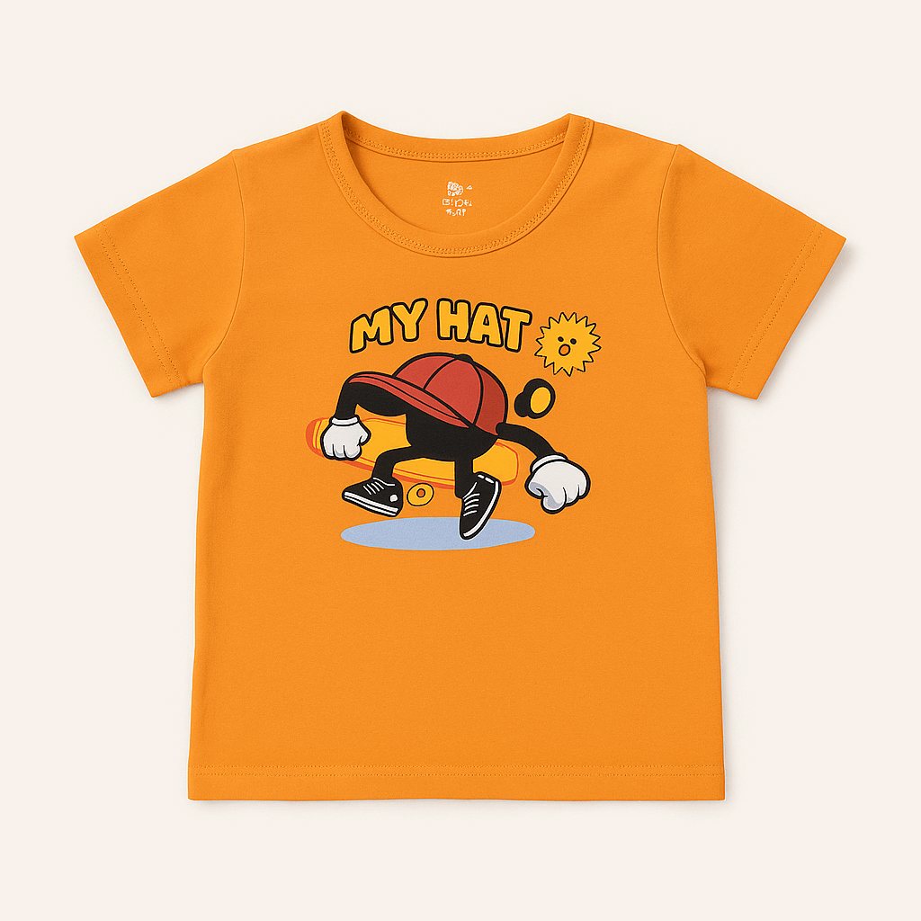 My Hat Cartoon T-Shirt for Boys – Orange Cotton Tee (1–6 Yrs)