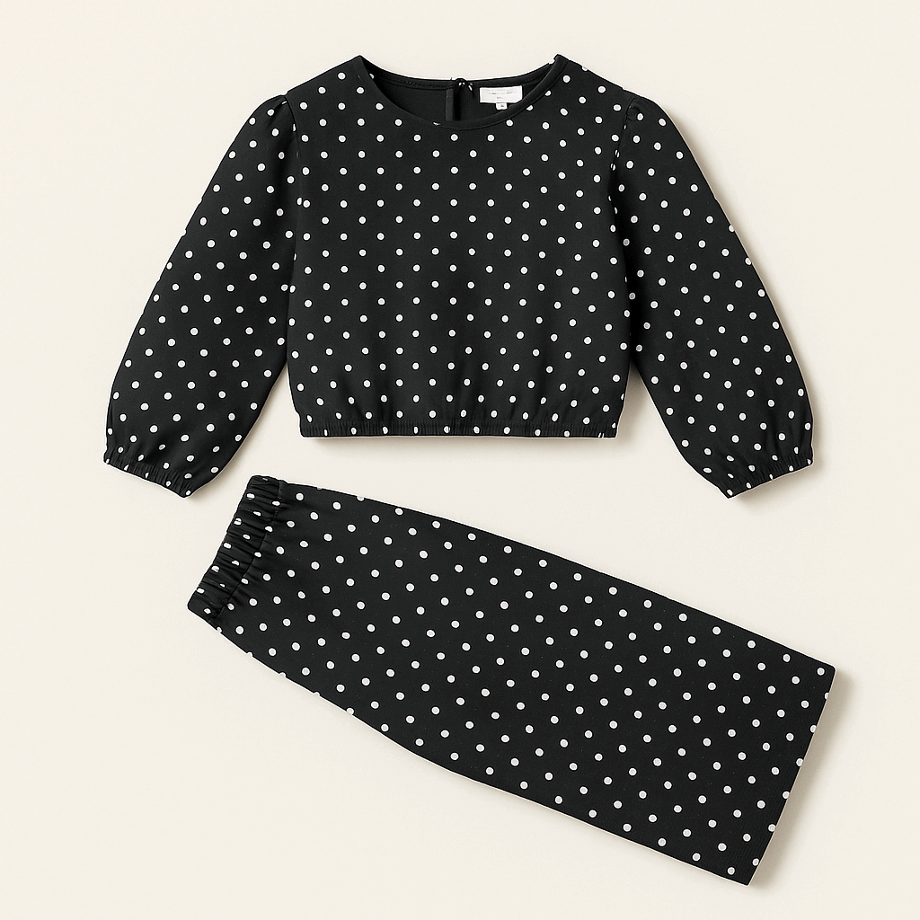Trendy Polka Dot Co-Ord Set for Girls – Long Sleeve Top & Wide Leg Pants (1-6)