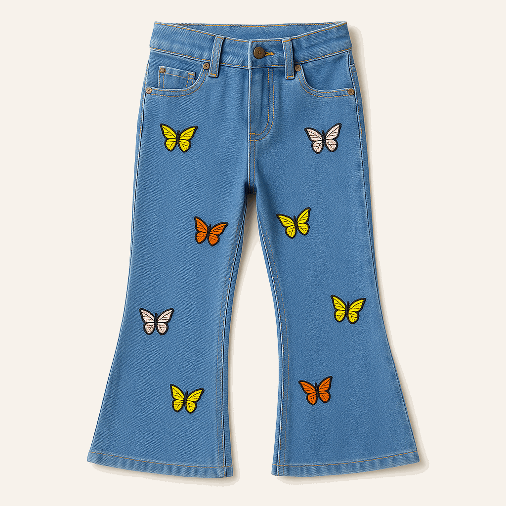 Girls flared jeans with butterfly embroidery - mid blue denim - lilcubs.pk