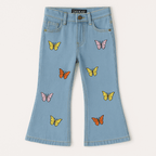 Girls flared jeans with butterfly embroidery - sky blue denim - lilcubs.pk