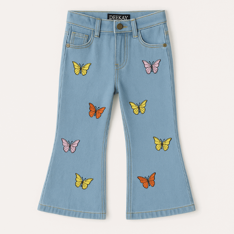 Girls flared jeans with butterfly embroidery - sky blue denim - lilcubs.pk