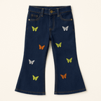 Girls flared jeans with butterfly embroidery - dark blue denim - lilcubs.pk