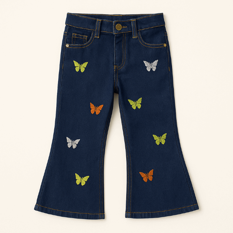 Girls flared jeans with butterfly embroidery - dark blue denim - lilcubs.pk
