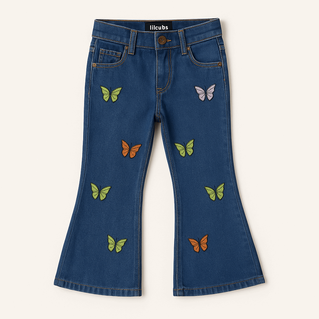 Girls Embroidered Butterfly Flapper Jeans – Premium Quality (Ages 1.5 to 10 Years)