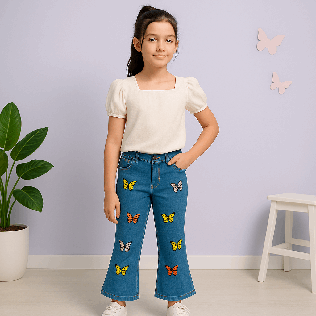 Girls Embroidered Butterfly Flapper Jeans – Premium Quality (Ages 1.5 to 10 Years)