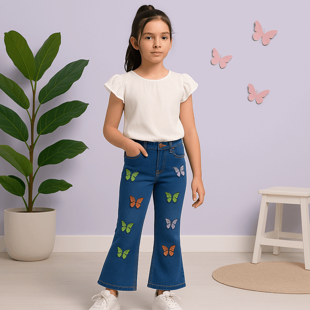 Girls Embroidered Butterfly Flapper Jeans – Premium Quality (Ages 1.5 to 10 Years)