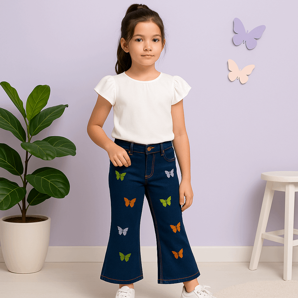 Girls Embroidered Butterfly Flapper Jeans – Premium Quality (Ages 1.5 to 10 Years)