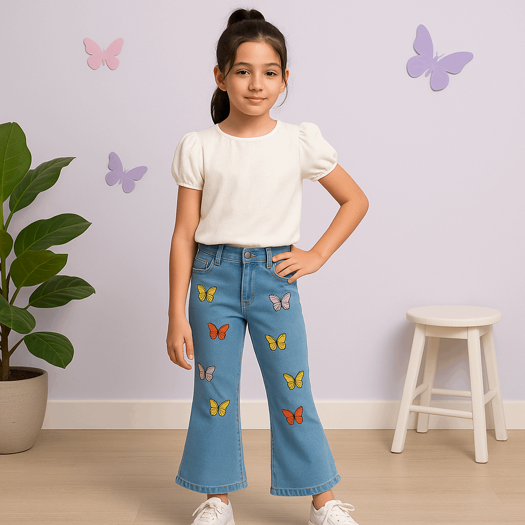 Girls Embroidered Butterfly Flapper Jeans – Premium Quality (Ages 1.5 to 10 Years)