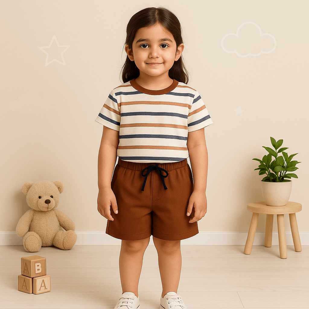 Boys Brown Striped Summer Coord Set – Cotton T-Shirt & Shorts