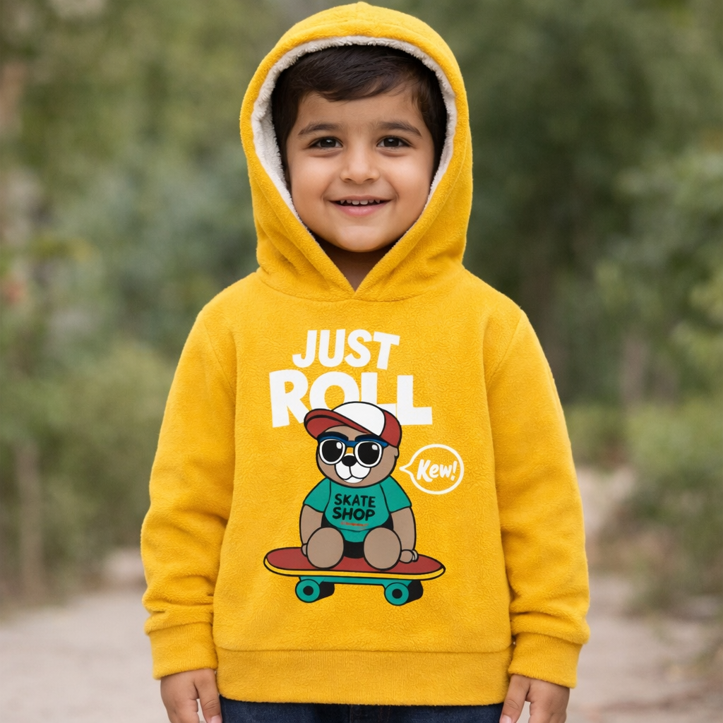 Yellow Fleece Bear Print Hoodie
