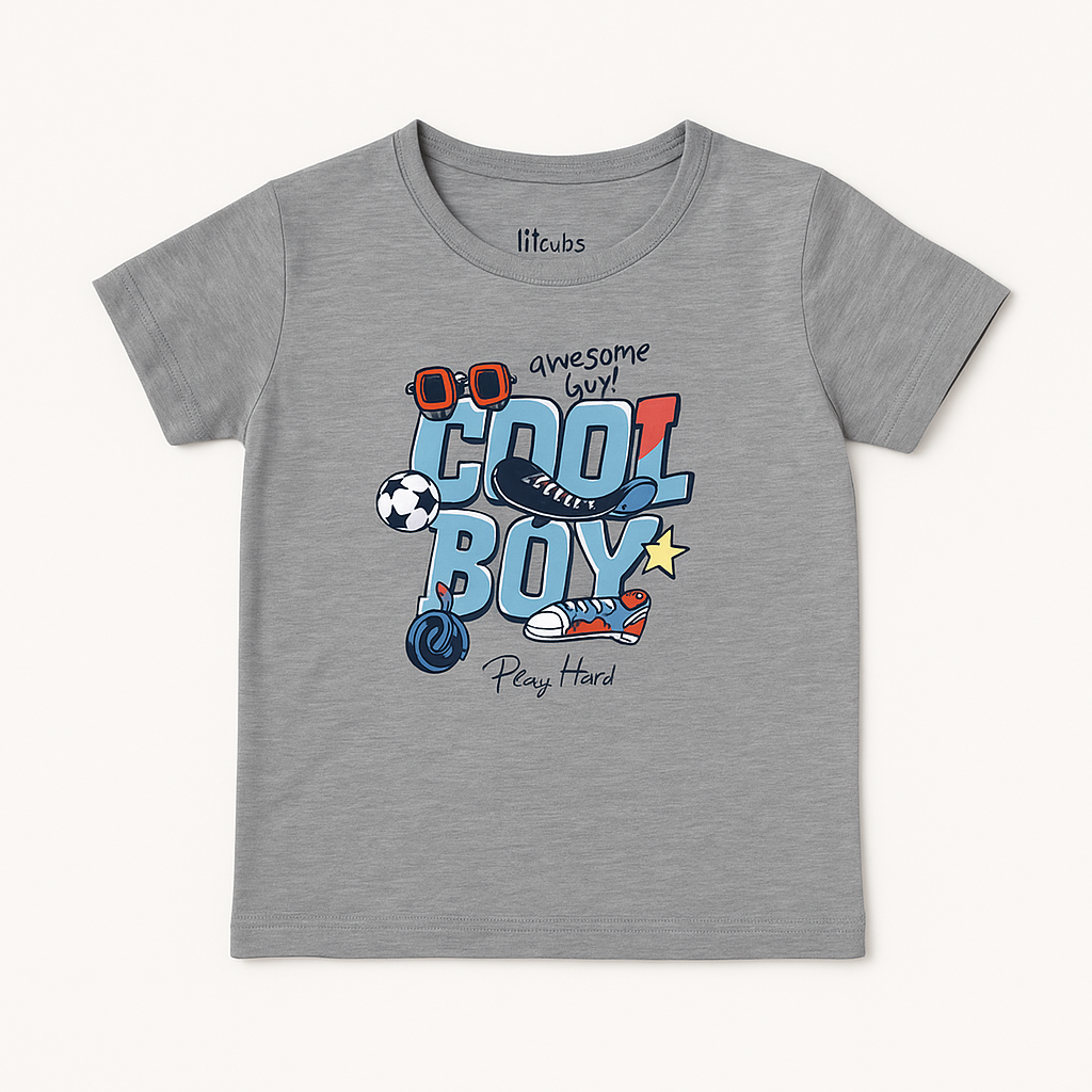 Boys Grey Graphic T-Shirt – “Cool Bay” Printed, Imported Cotton, Half Sleeves (1–6 Years) | Comfy & Trendy Tee | lilcubs.pk