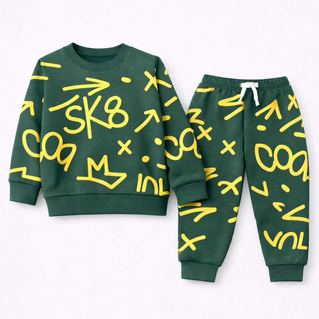 Green fleece trouser from Lil' Cubs Cool SK8 Graffiti tracksuit for boys, suitable for ages 1 to 12 years.