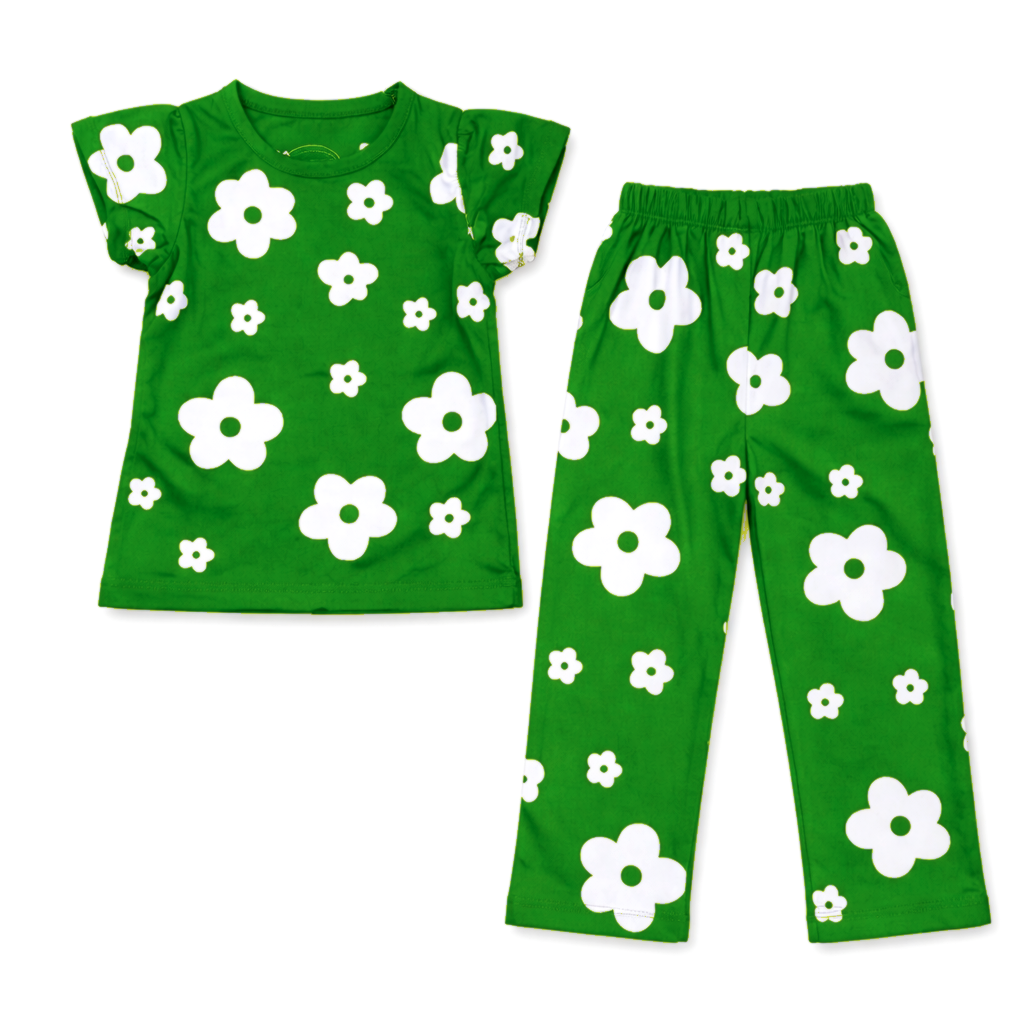 Girls' green summer coord set with flower print from lilcubspk, featuring a sleeveless top and matching shorts, ironed and ready to wear.