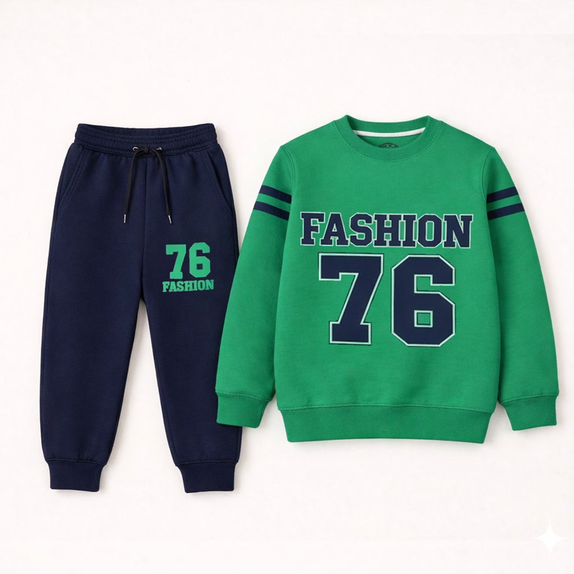 Green “Fashion 76” Kids Fleece Tracksuit – Sweatshirt & Printed Jogger Set (1–12 Years)