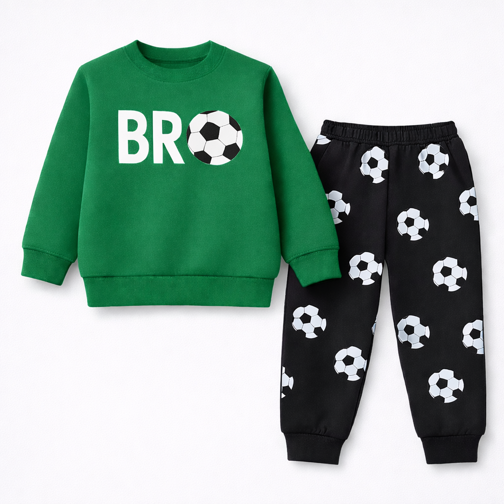 Green Football Print Kids Fleece Tracksuit – Sweatshirt & Printed Jogger Set (1–12 Years)