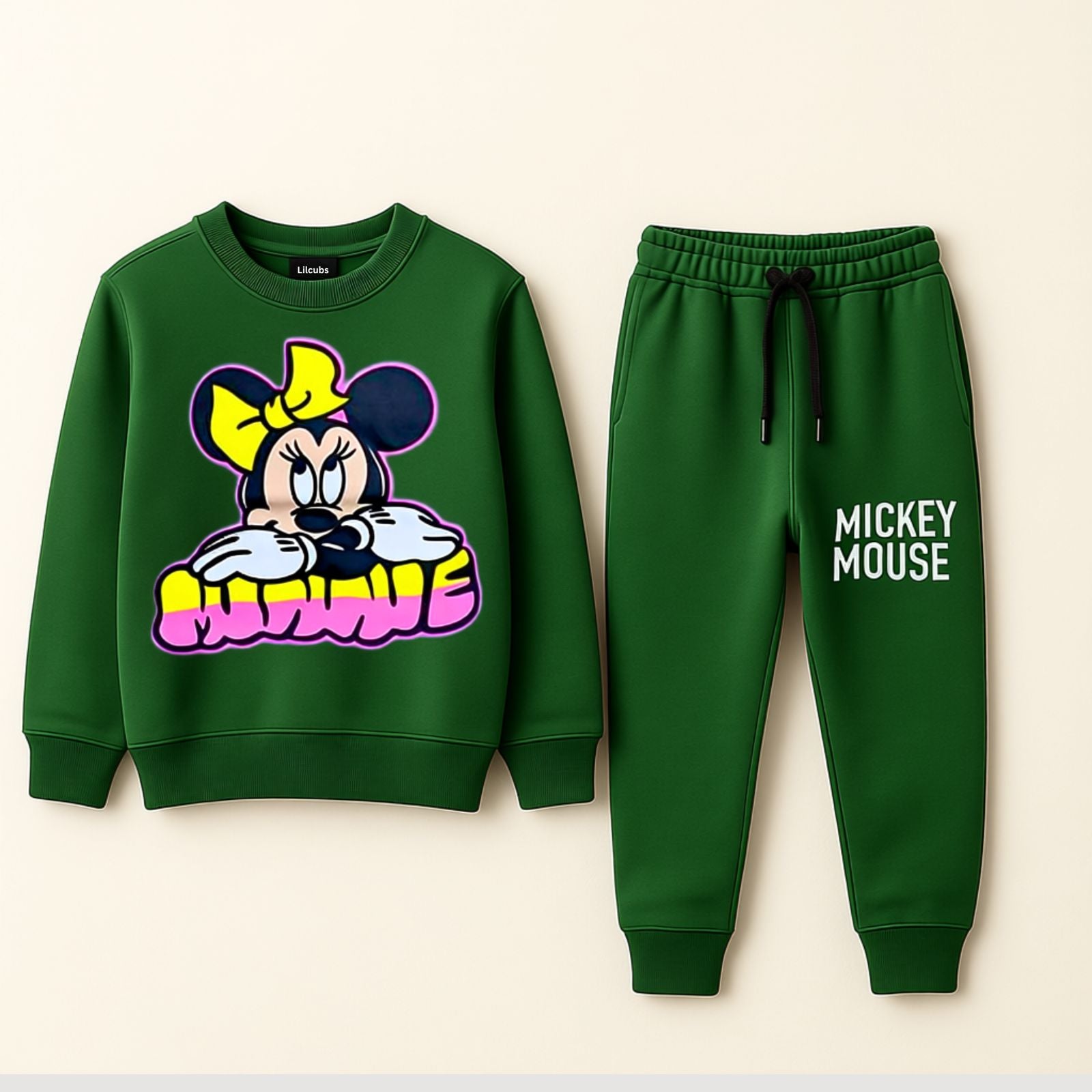 Green Fleece Tracksuit with Playful Cartoon Print | Age 1-8