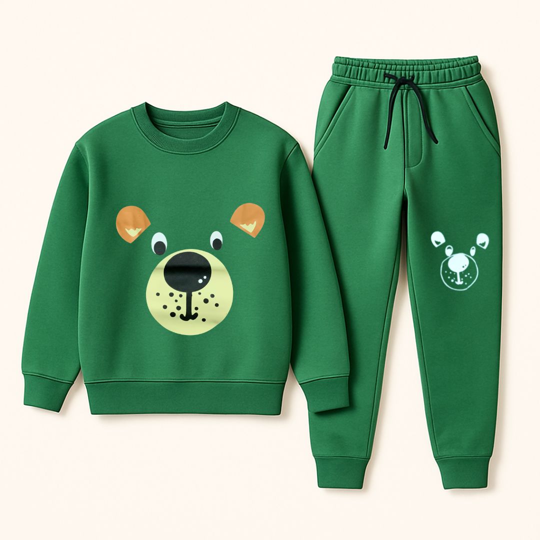 Cozy Puppy Love: Green Fleece Tracksuit Set for Boys  (Ages 1 to 8)