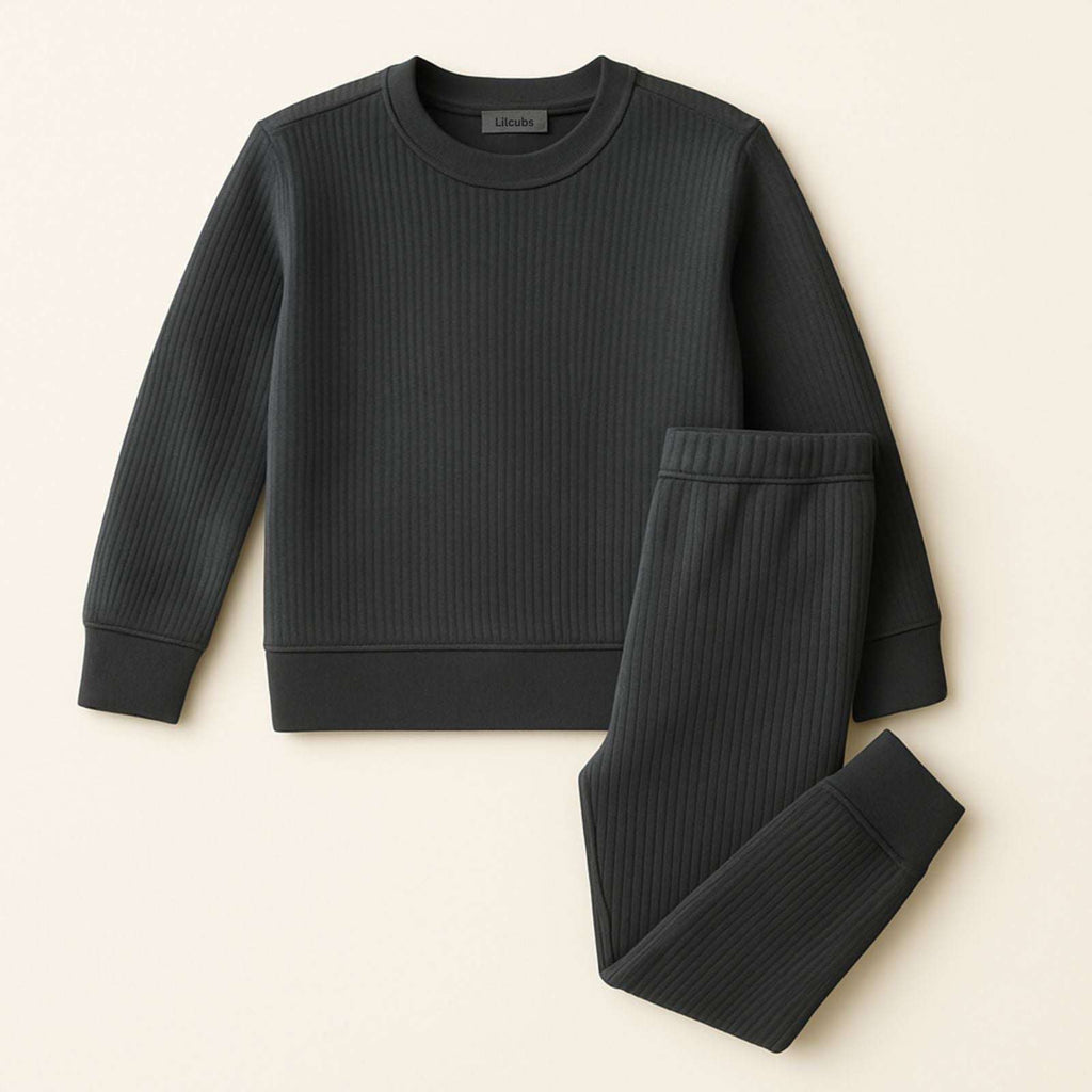 Kids warm thermal suit set in soft stretchable micro fleece – shirt and trouser basic winter essential