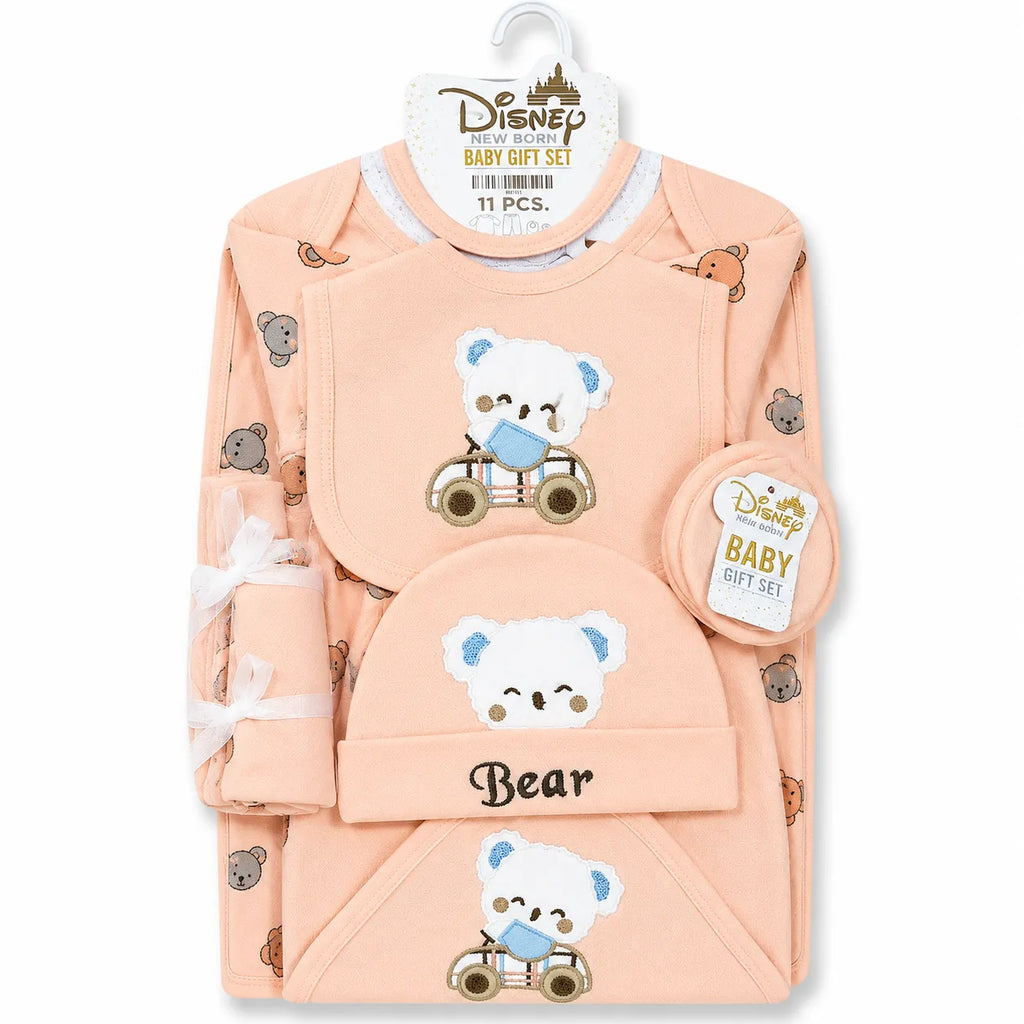 Lil Cubs 11 piece newborn bear starter set in light peach cotton fabric arranged as complete laydown baby clothing Pakistan set for newborn babies