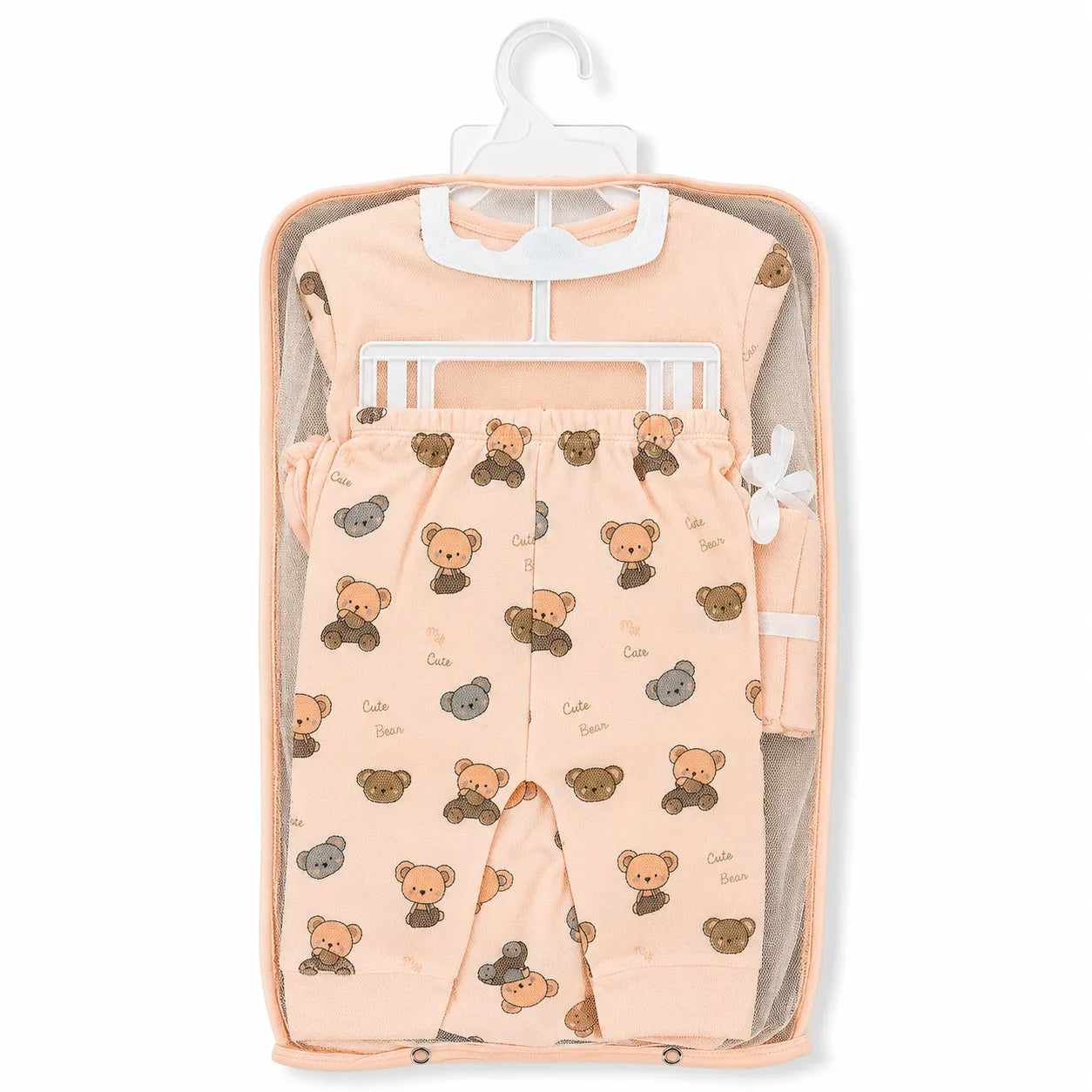 Lil Cubs 11 piece newborn bear starter set in light peach cotton fabric arranged as complete laydown baby clothing Pakistan set for newborn babies