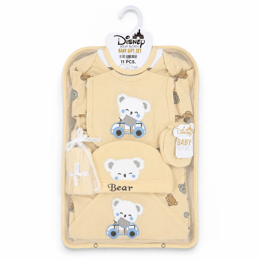 Lil Cubs 11 piece newborn bear starter set in light yellow cotton fabric arranged as complete laydown baby clothing Pakistan set for newborn babies