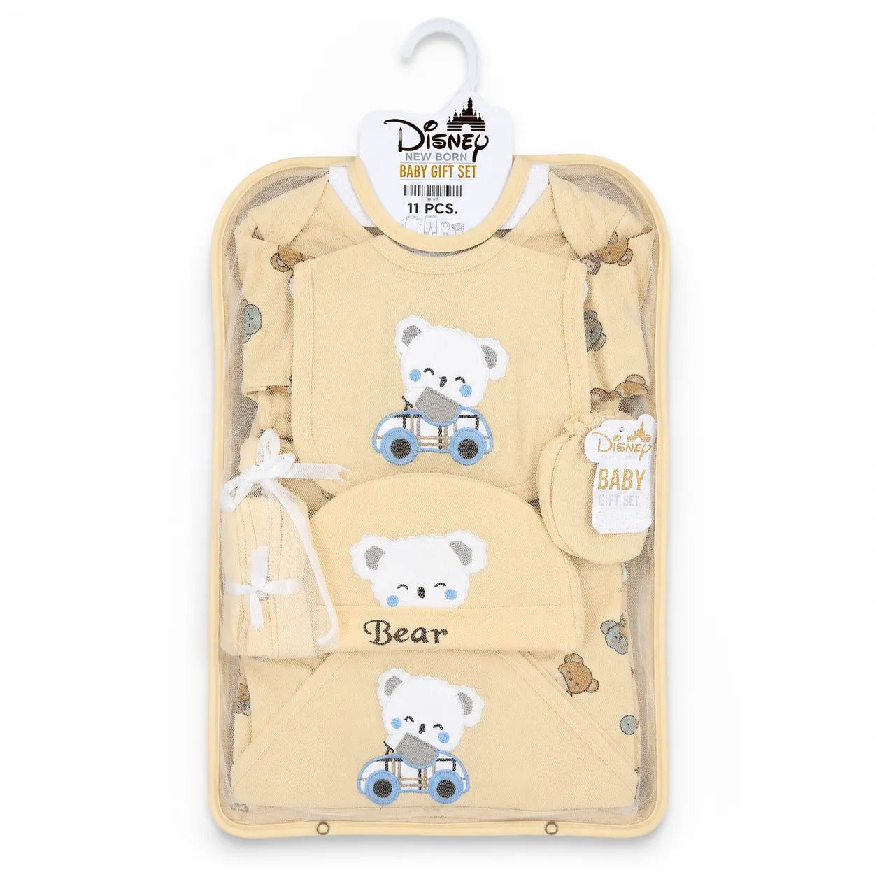 Lil Cubs 11 piece newborn bear starter set in light yellow cotton fabric arranged as complete laydown baby clothing Pakistan set for newborn babies