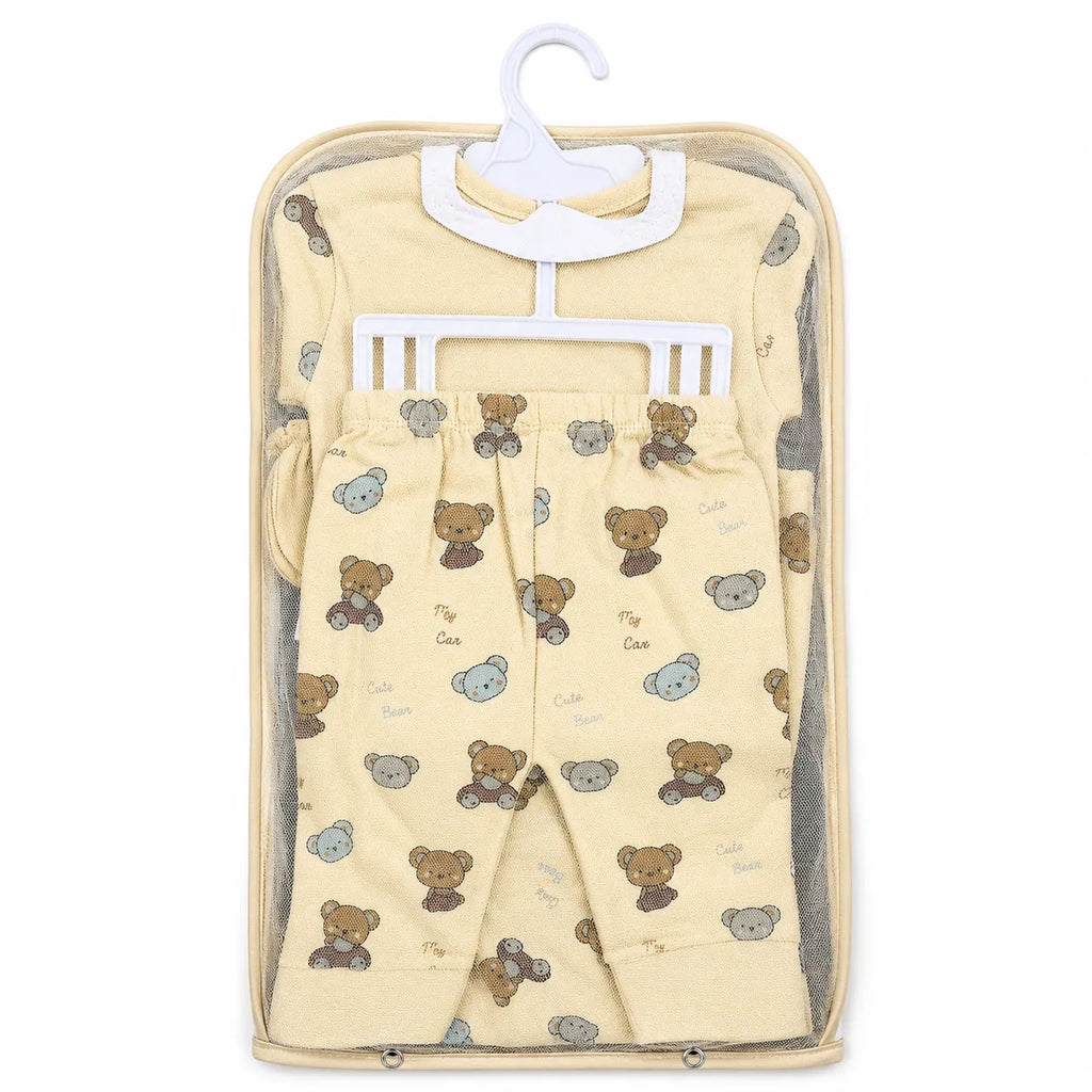 Lil Cubs 11 piece newborn bear starter set in light yellow cotton fabric arranged as complete laydown baby clothing Pakistan set for newborn babies