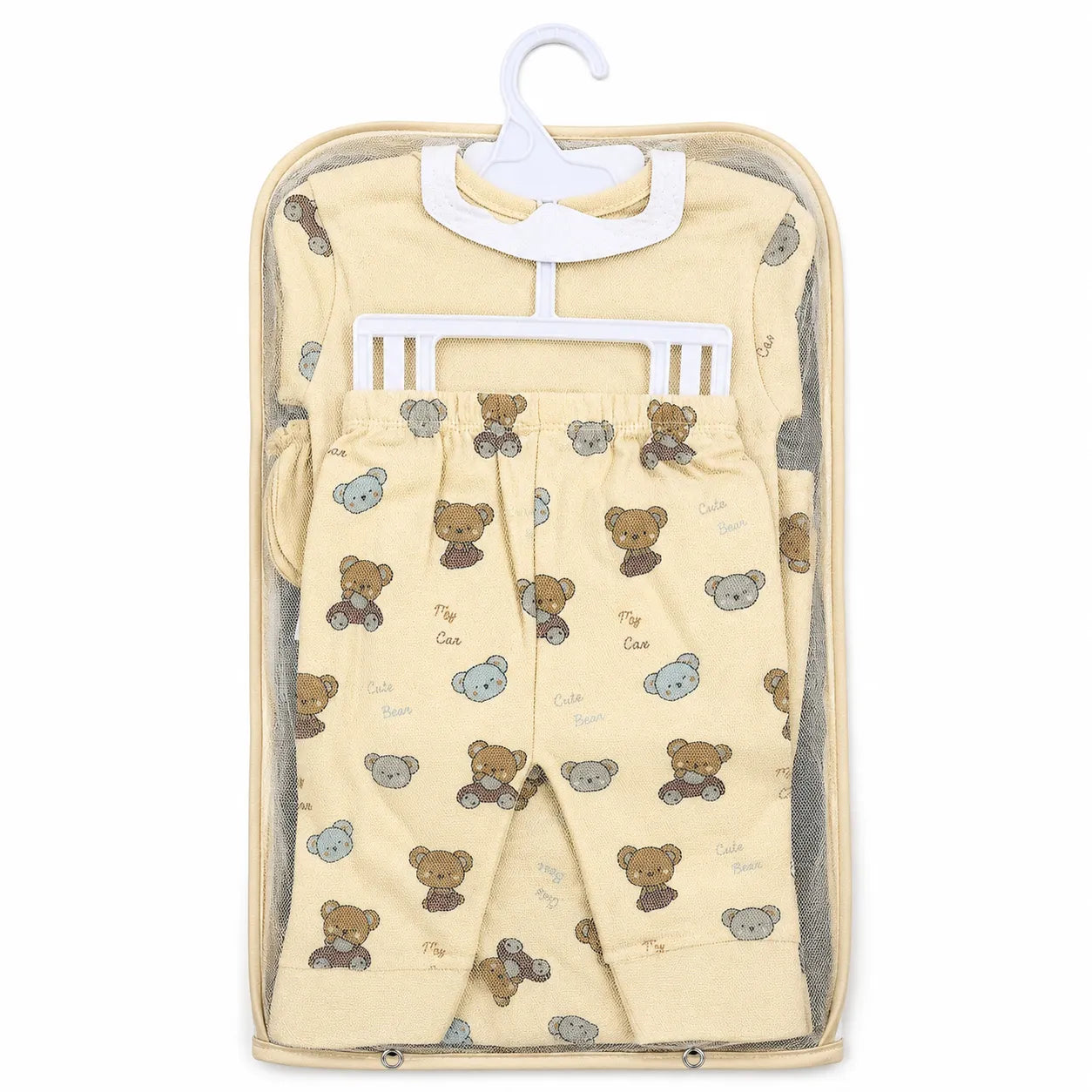 Lil Cubs 11 piece newborn bear starter set in light yellow cotton fabric arranged as complete laydown baby clothing Pakistan set for newborn babies