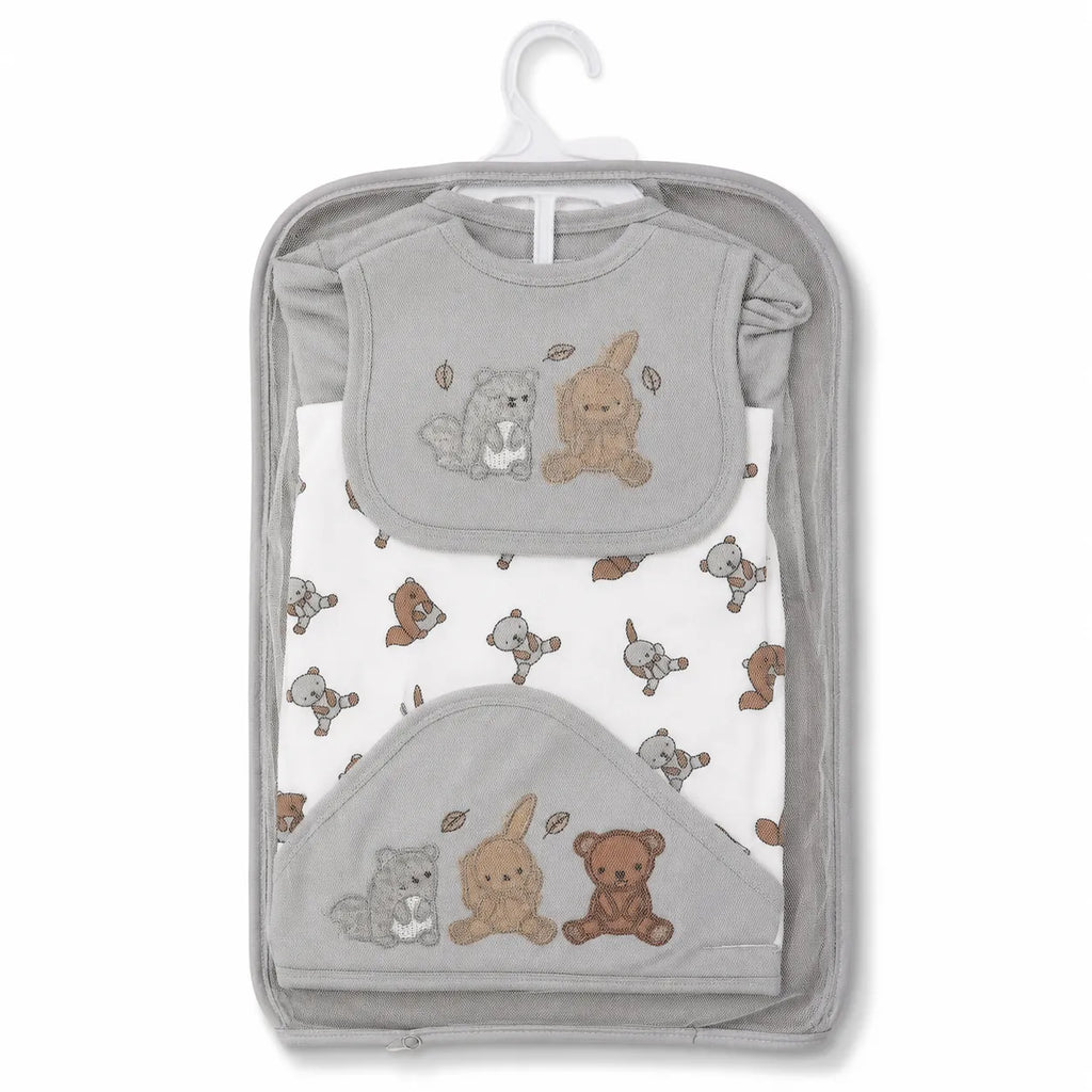 Lil Cubs 11 piece newborn friends starter set in light grey color arranged as complete laydown showing soft cotton baby clothing Pakistan set for newborn babies