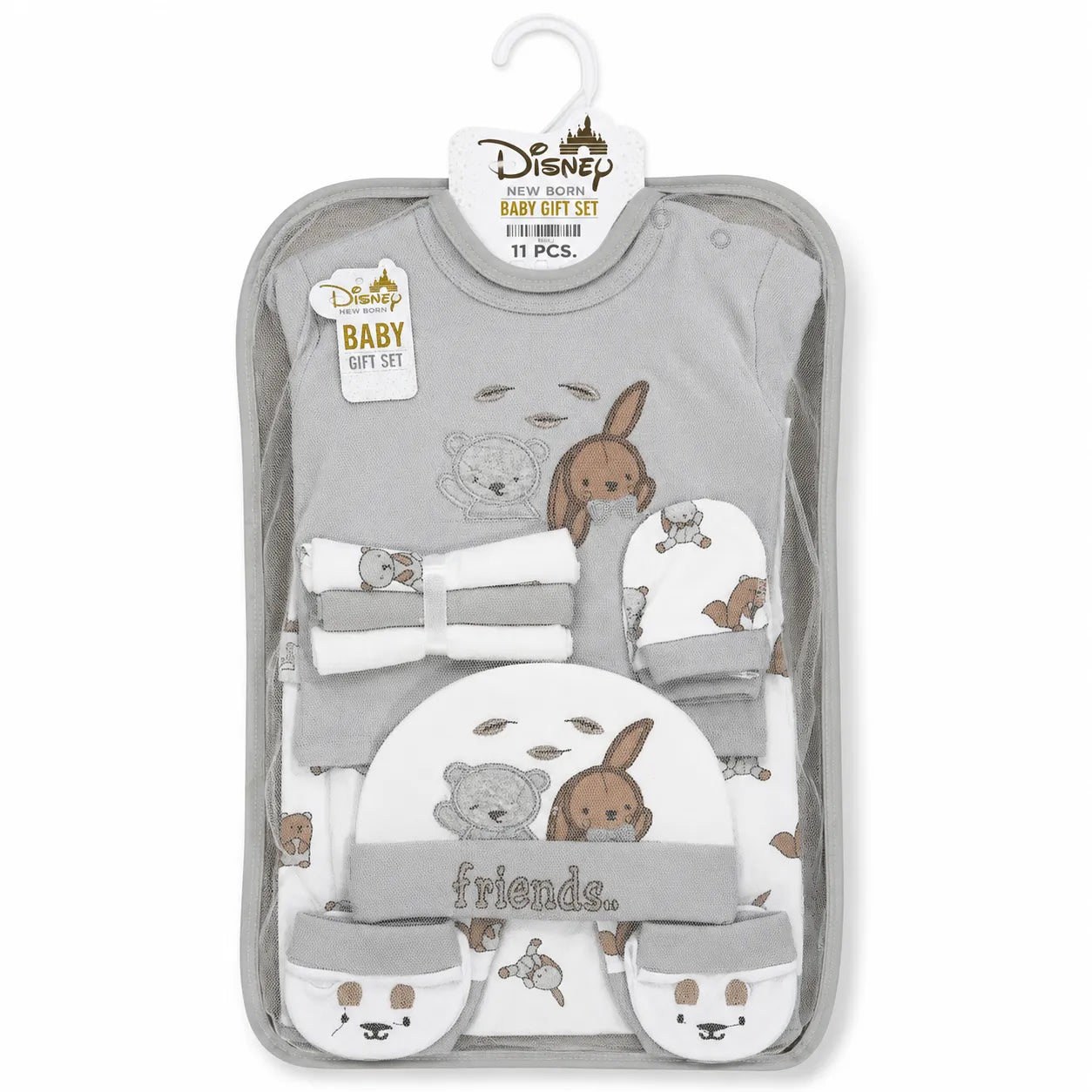 Lil Cubs 11 piece newborn friends starter set in light grey color arranged as complete laydown showing soft cotton baby clothing Pakistan set for newborn babies