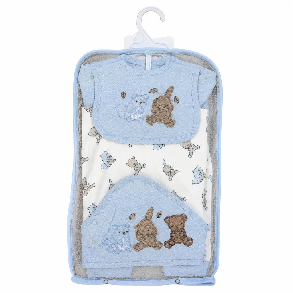 Lil Cubs 11 piece newborn friends starter set in sky blue color arranged as complete laydown showing soft cotton baby clothing Pakistan set for newborn babies