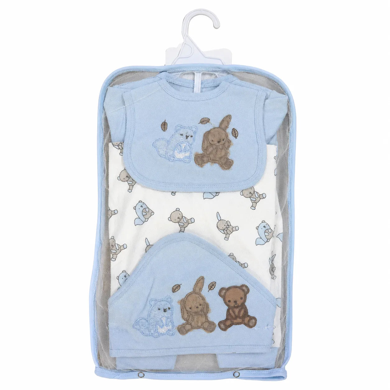 Lil Cubs 11 piece newborn friends starter set in sky blue color arranged as complete laydown showing soft cotton baby clothing Pakistan set for newborn babies