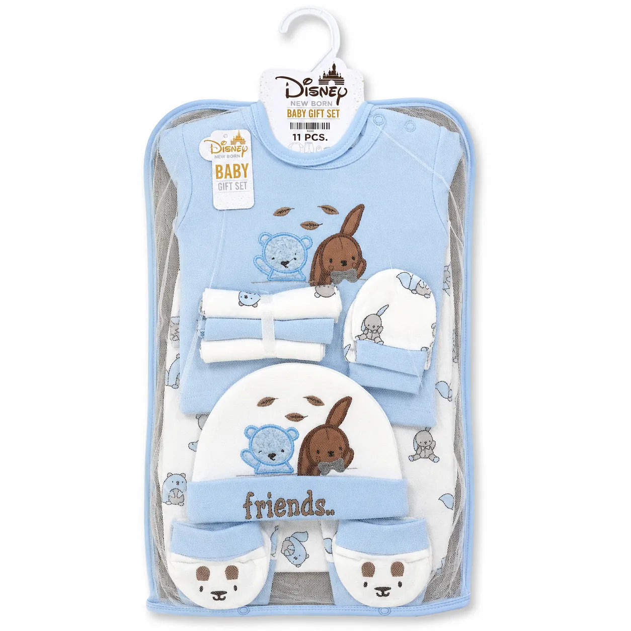 Lil Cubs 11 piece newborn friends starter set in sky blue color arranged as complete laydown showing soft cotton baby clothing Pakistan set for newborn babies