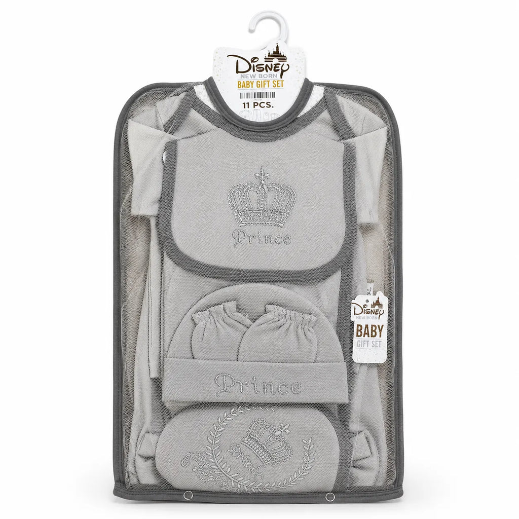 Lil Cubs 11 piece newborn prince starter set in dark grey color arranged as complete laydown showing soft cotton baby clothing Pakistan set for newborns