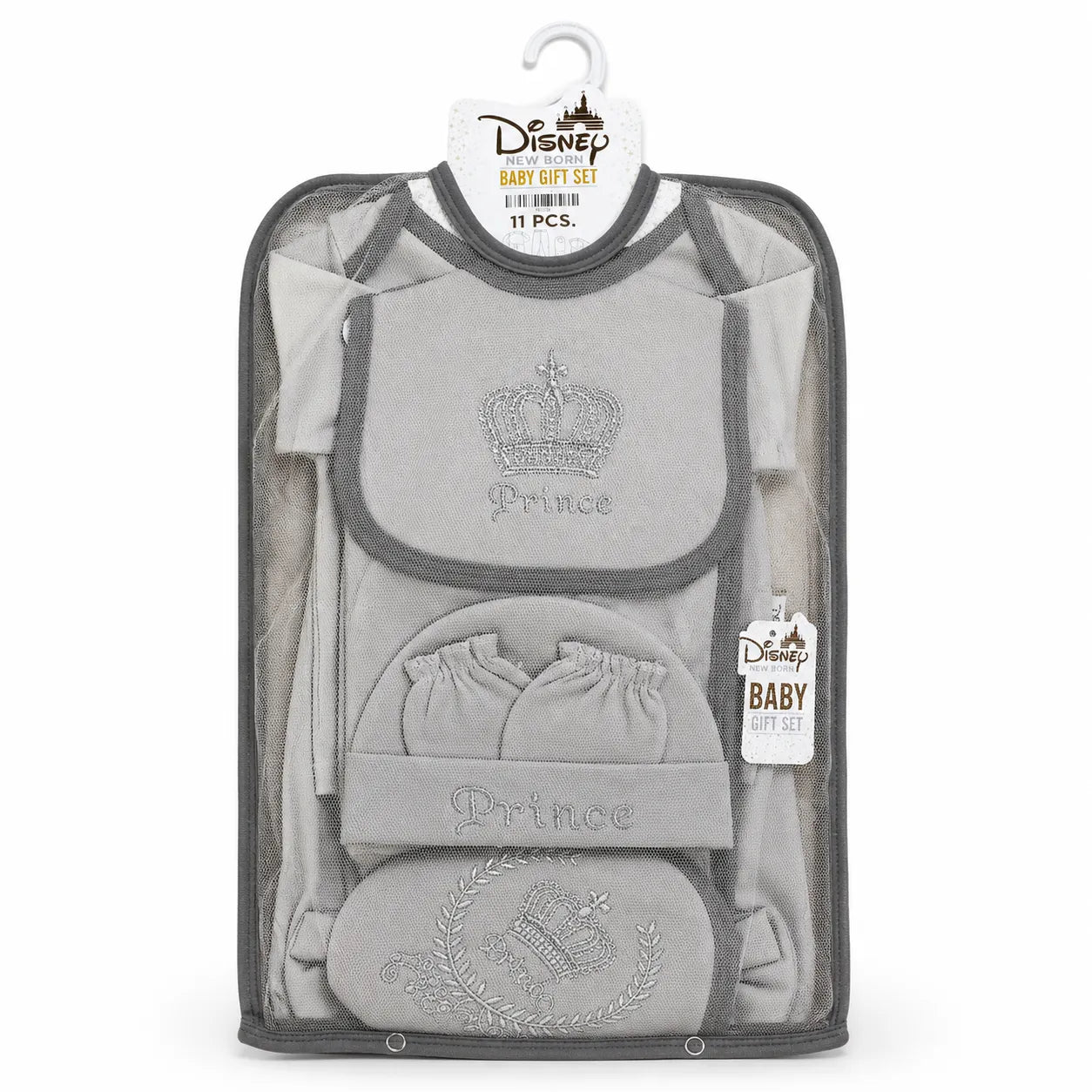Lil Cubs 11 piece newborn prince starter set in dark grey color arranged as complete laydown showing soft cotton baby clothing Pakistan set for newborns