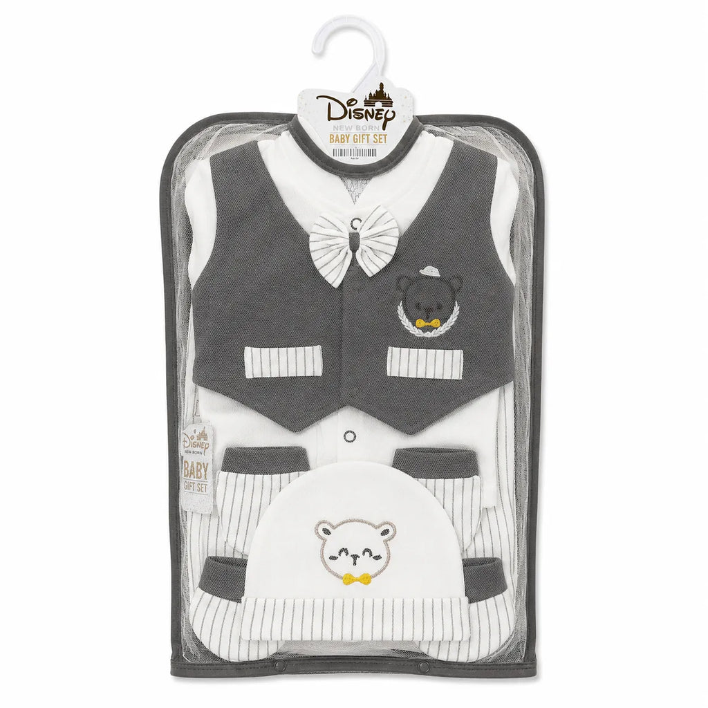 Lil Cubs 11 piece newborn teddy gift set in dark grey packaging front view showing soft cotton baby clothing Pakistan newborn set with teddy print design