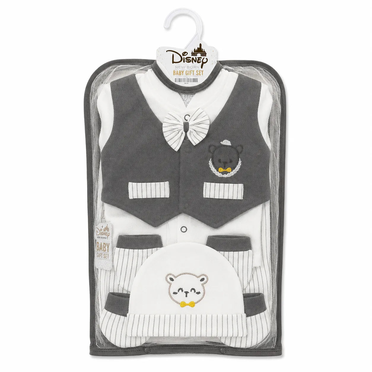 Lil Cubs 11 piece newborn teddy gift set in dark grey packaging front view showing soft cotton baby clothing Pakistan newborn set with teddy print design