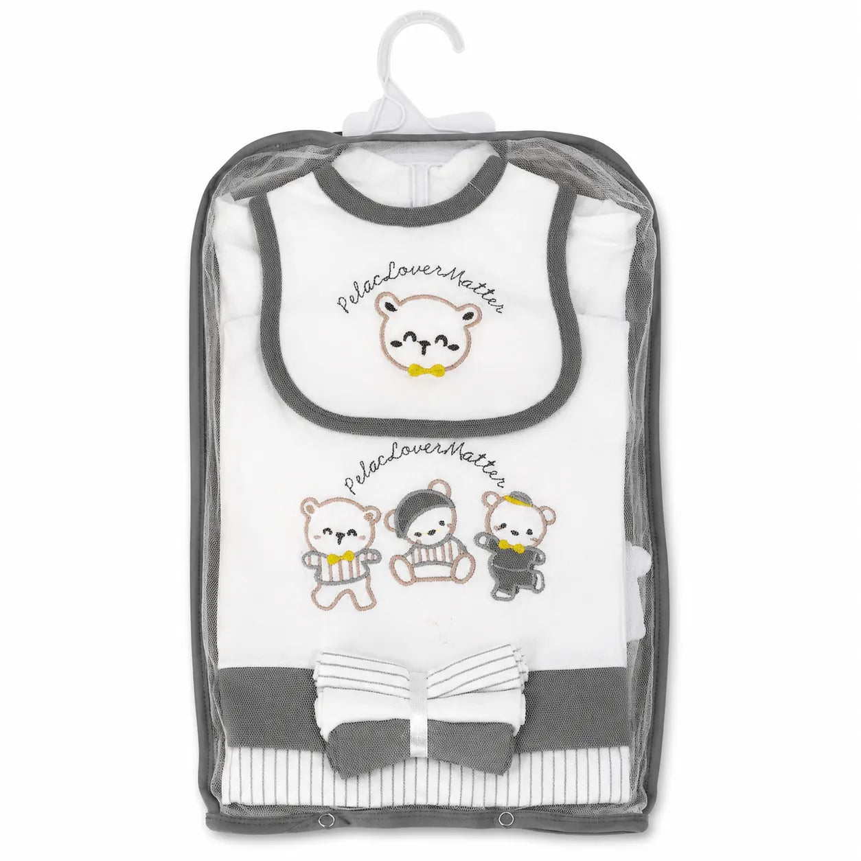 Lil Cubs 11 piece newborn teddy gift set in dark grey packaging front view showing soft cotton baby clothing Pakistan newborn set with teddy print design