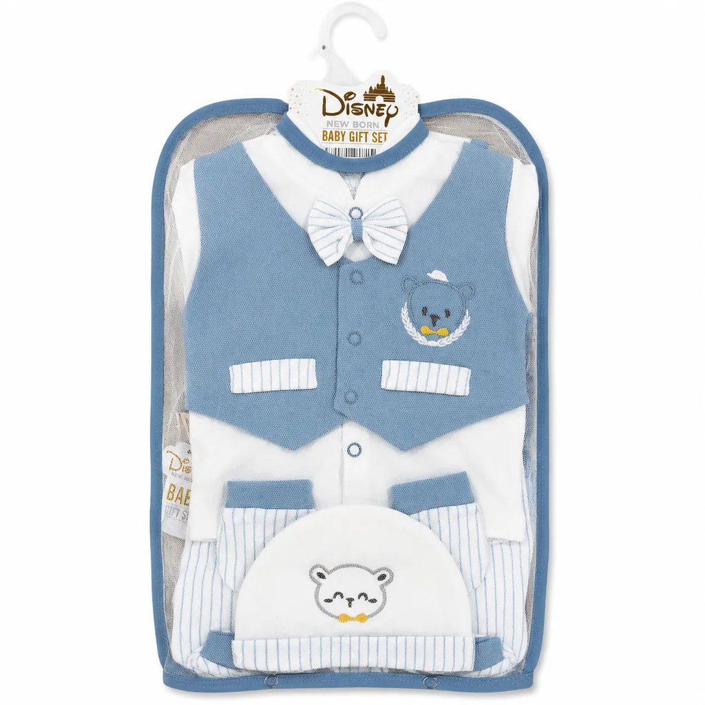 Lil Cubs 11 piece newborn teddy gift set in light blue packaging front view showing soft cotton baby clothing Pakistan newborn set with teddy print design